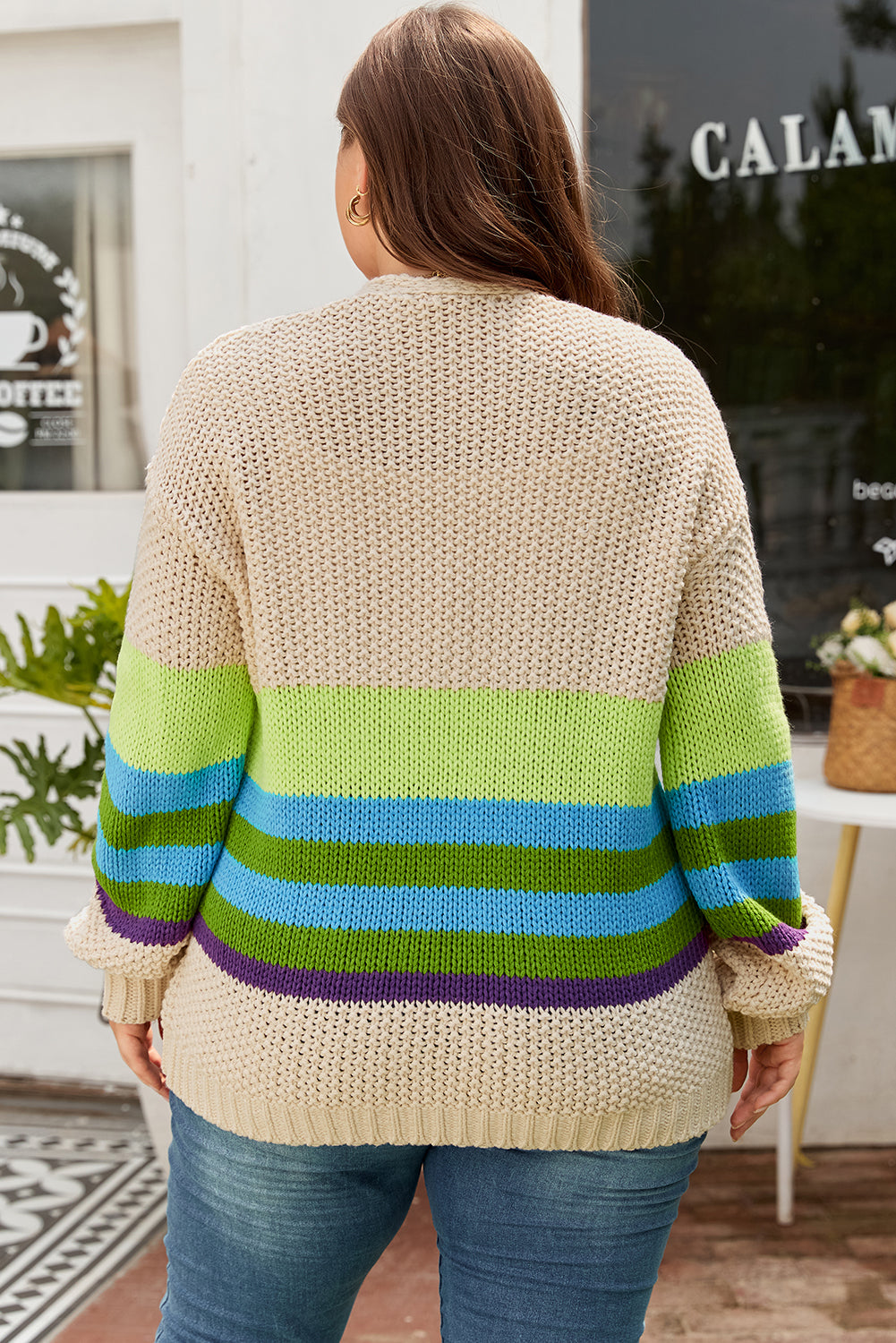 Color Block Crochet Open Front Plus Size Cardigan