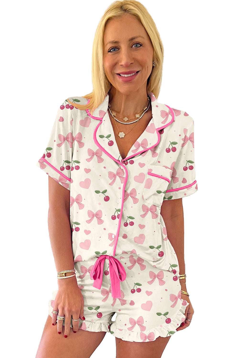 Bow Fruit Print Contrast Pipping Short Pajamas Set