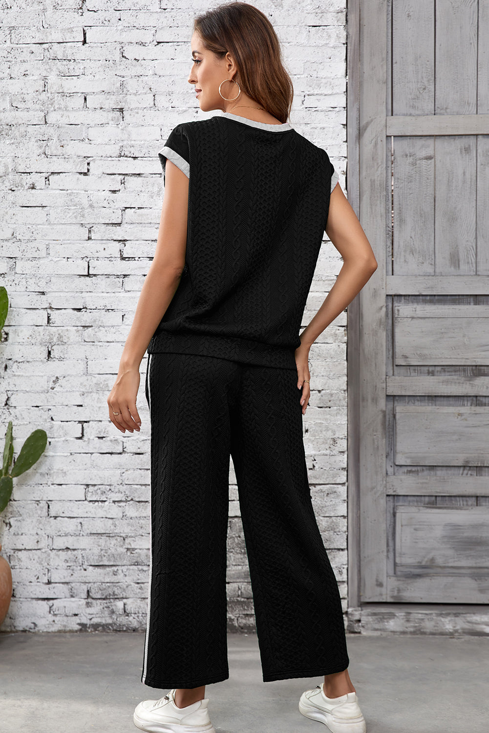 Cable Knit Contrast Trim Short Sleeve Top and Pants Set