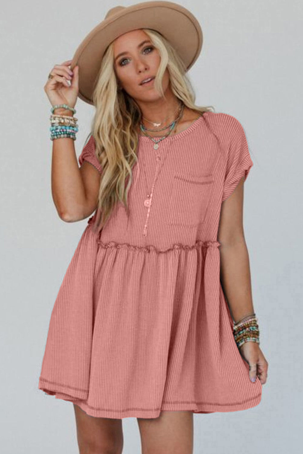 Corded Knit Textured Patched Pocket Frilled Swing Mini Dress with Pockets