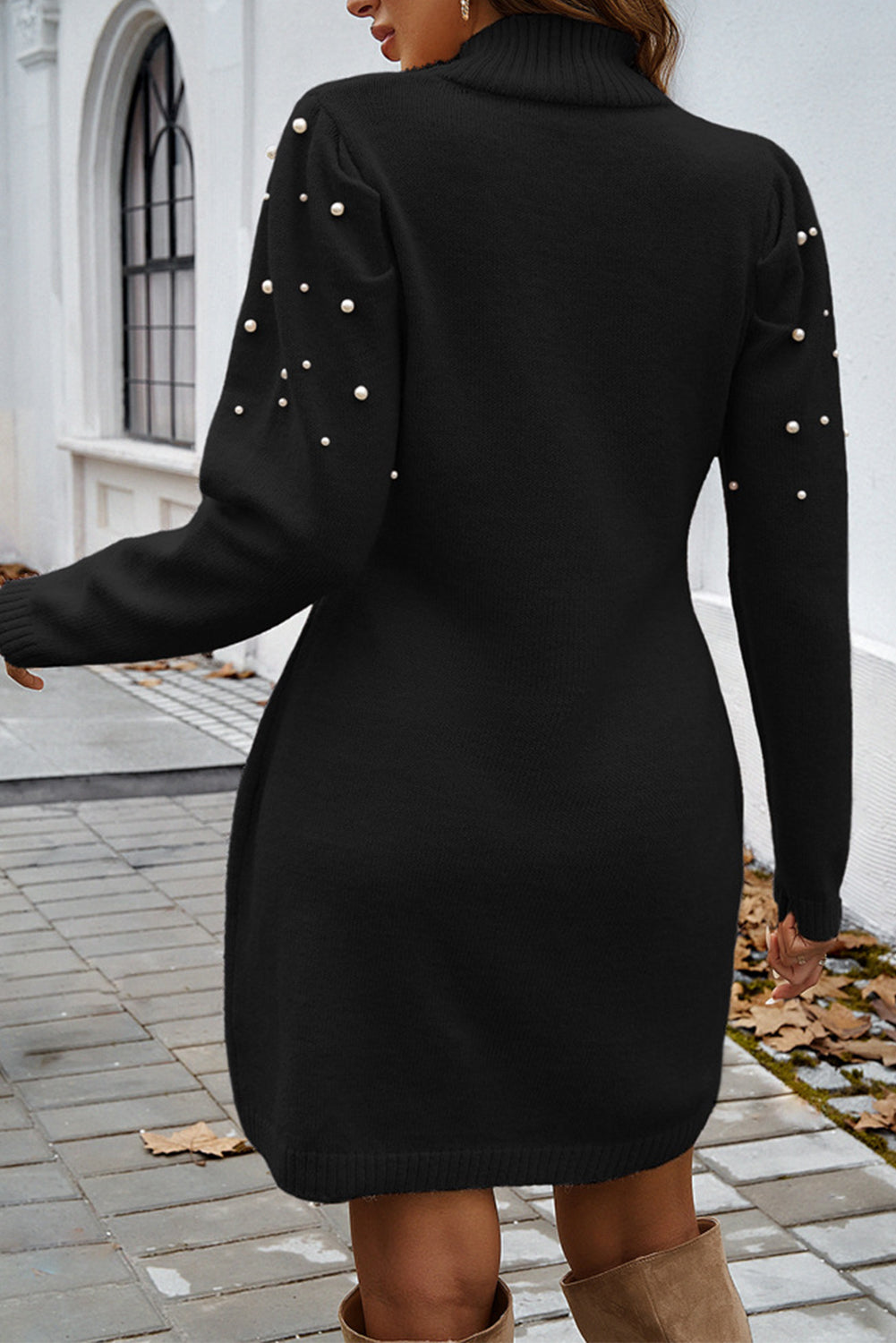 Pearl Beaded High Neck Bodycon Sweater Dress