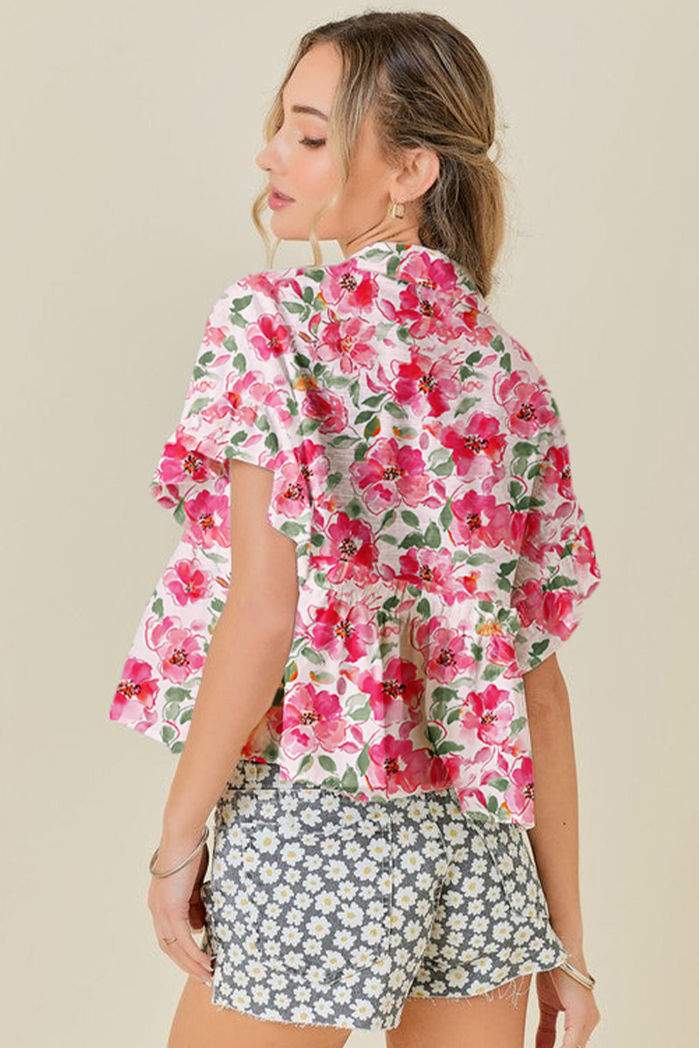 Floral Boxy Fit Ruffled Short Sleeve V Neck Blouse