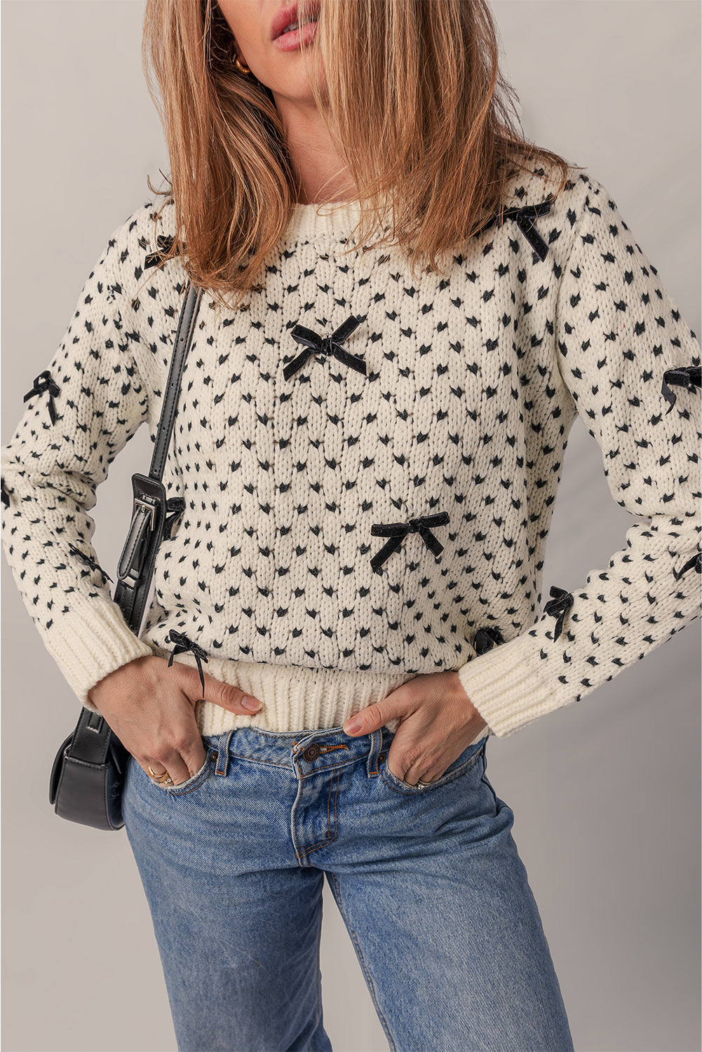 Bow Decor Color Contrast Ribbed Edge Crew Neck Sweater