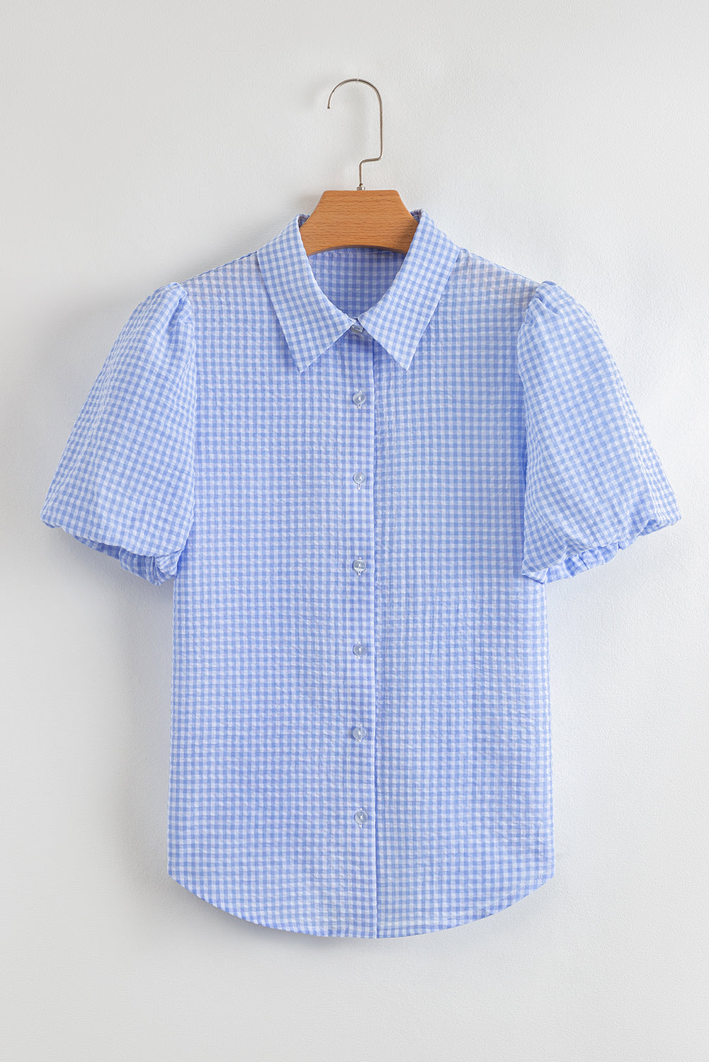 Gingham Short Puff Sleeve Button Up Shirt
