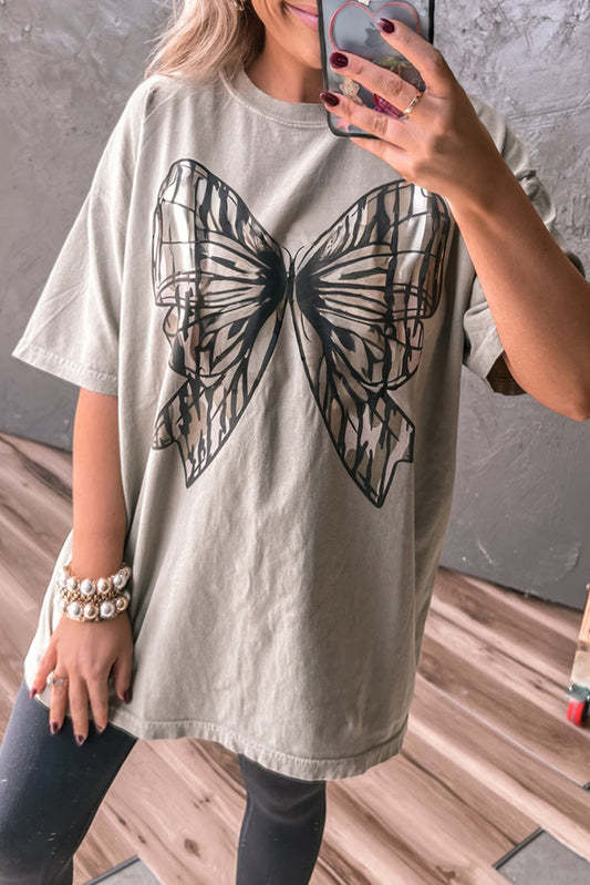 Oversize Big Bow Printed Drop Shoulder Tunic Casual Tee
