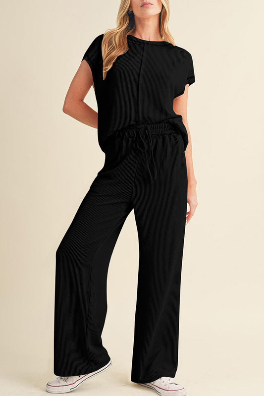 Solid Color Corded Short Sleeve Top and Casual Pants Set