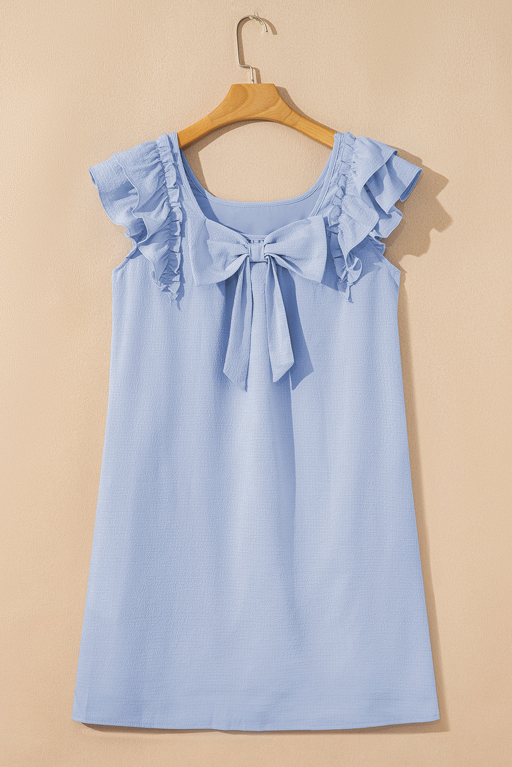 Textured Flutter Sleeve Square Neck Bow Back Mini Dress