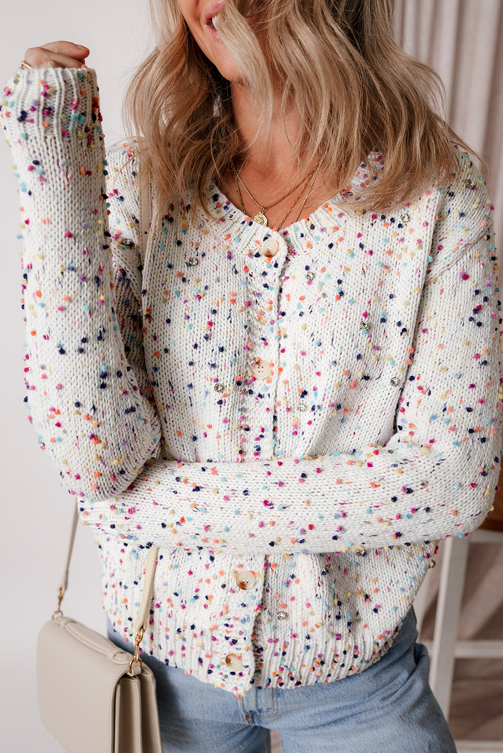 Rhinestone Decor Multicolor Confetti Sweater Cardigan