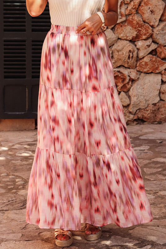 Abstract Watercolor Tie Dye Tiered Maxi Skirt