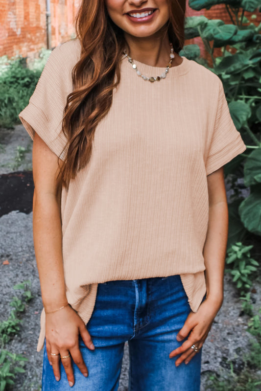 Textured Knit Round Neck Short Sleeve Top