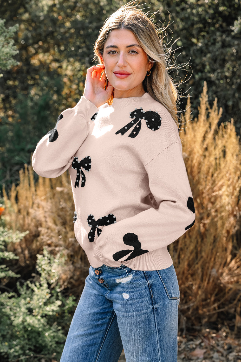 Pearl Embellished Bow Pattern Loose Sweater