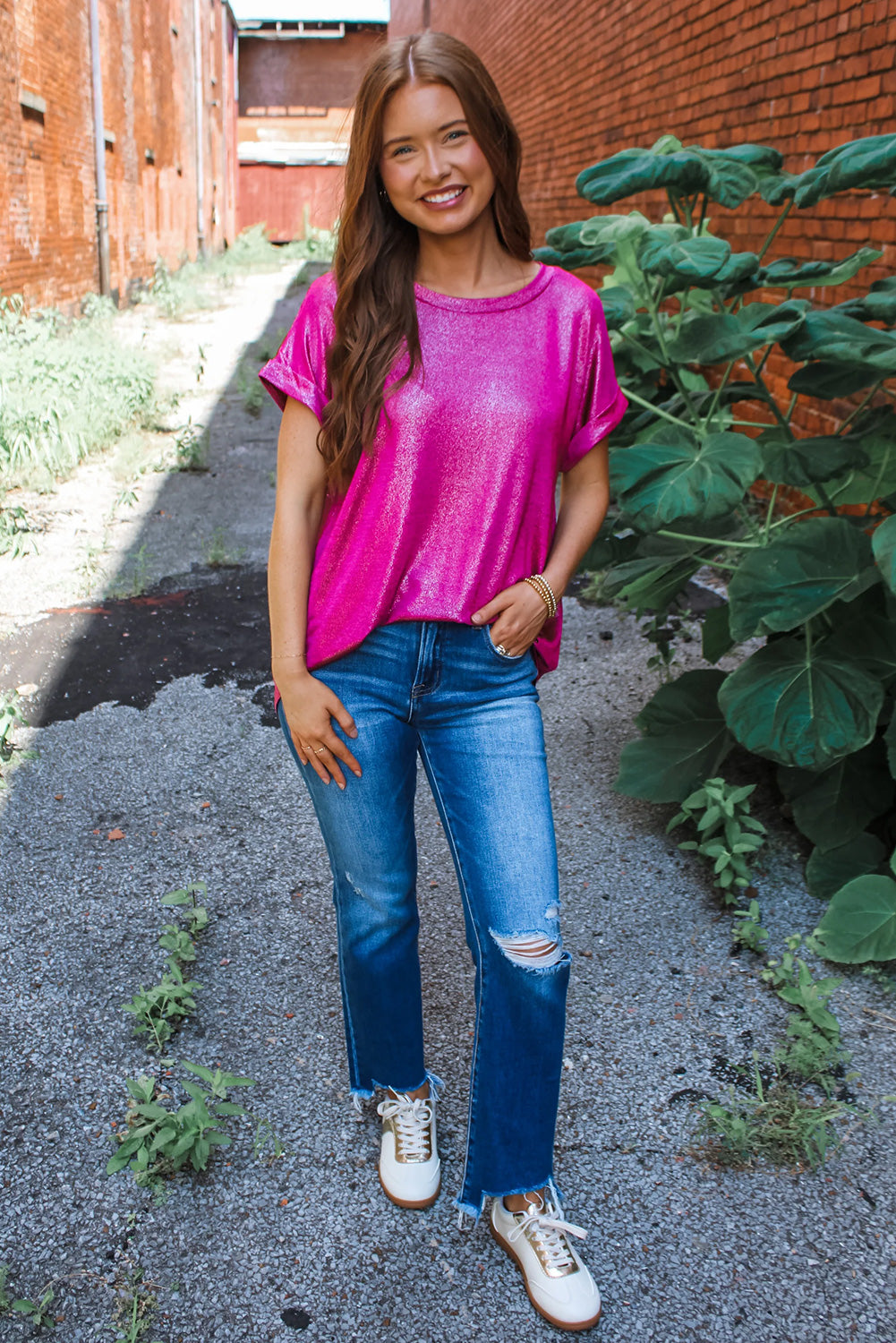 Shine Shimmer Cuffed Short Sleeve Casual Top