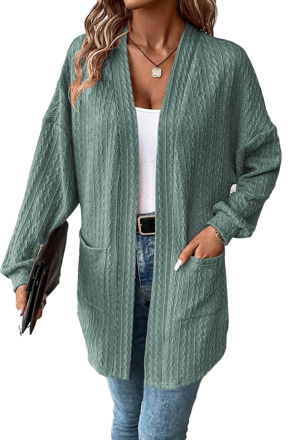 Textured Knit Side Pockets Open Front Cardigan