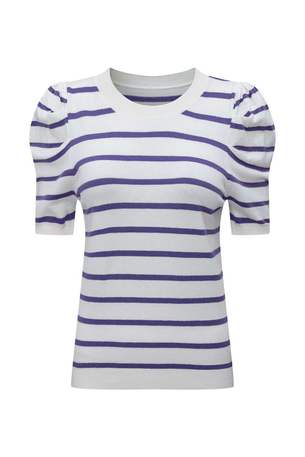 Ribbed Trim Round Neck Bubble Sleeve Knitted Top