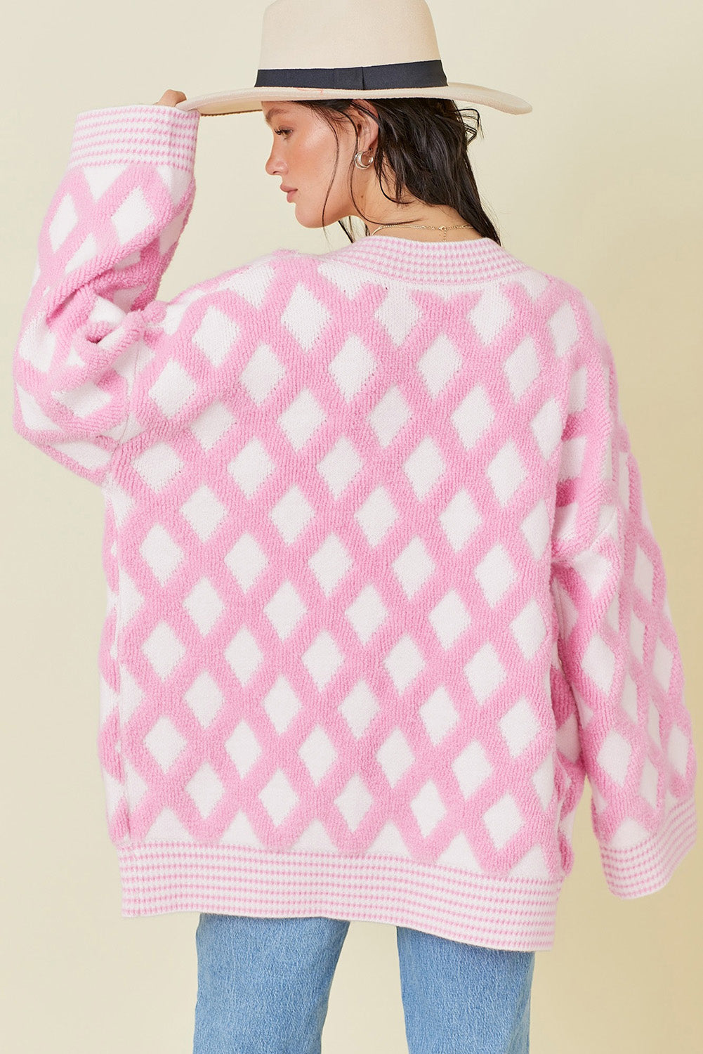 Rhombus Pattern Knit Open Front Pocketed Cardigans