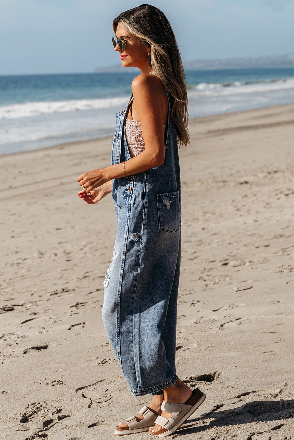 Distressed Bib Pocket Wide Leg Denim Overall