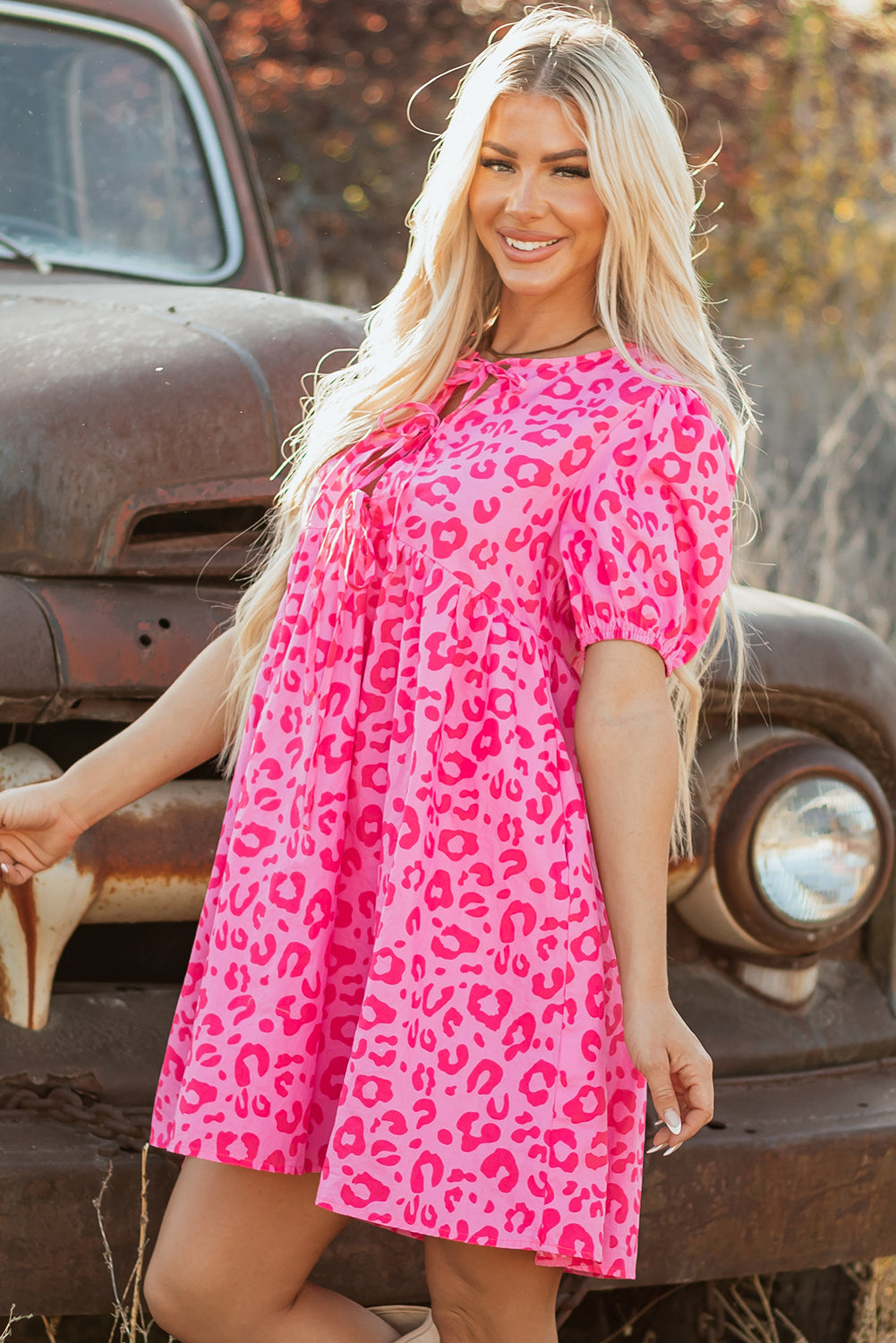 Leopard Puff Sleeve Tie Front High Waist Mini Dress
