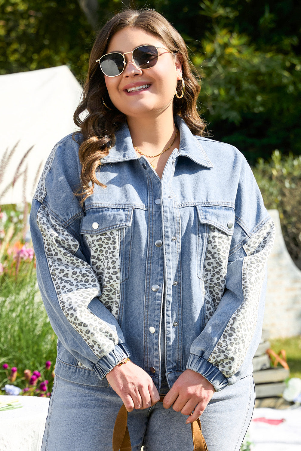 Leopard Patchwork Flap Detail Plus Size Denim Jacket