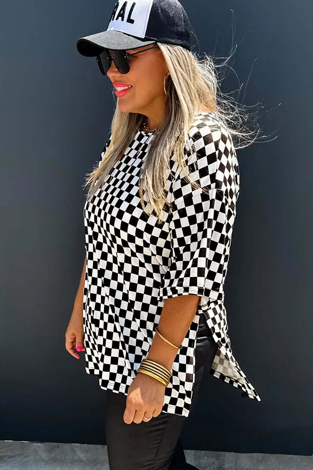 Checkered Print Side Slits O Neck Plus Size T Shirt