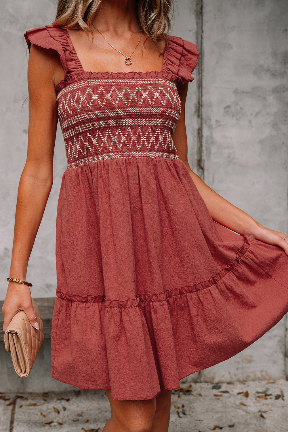 Geometric Stitch Shirred Bodice Ruffled Trim Sleeveless Mini Dress