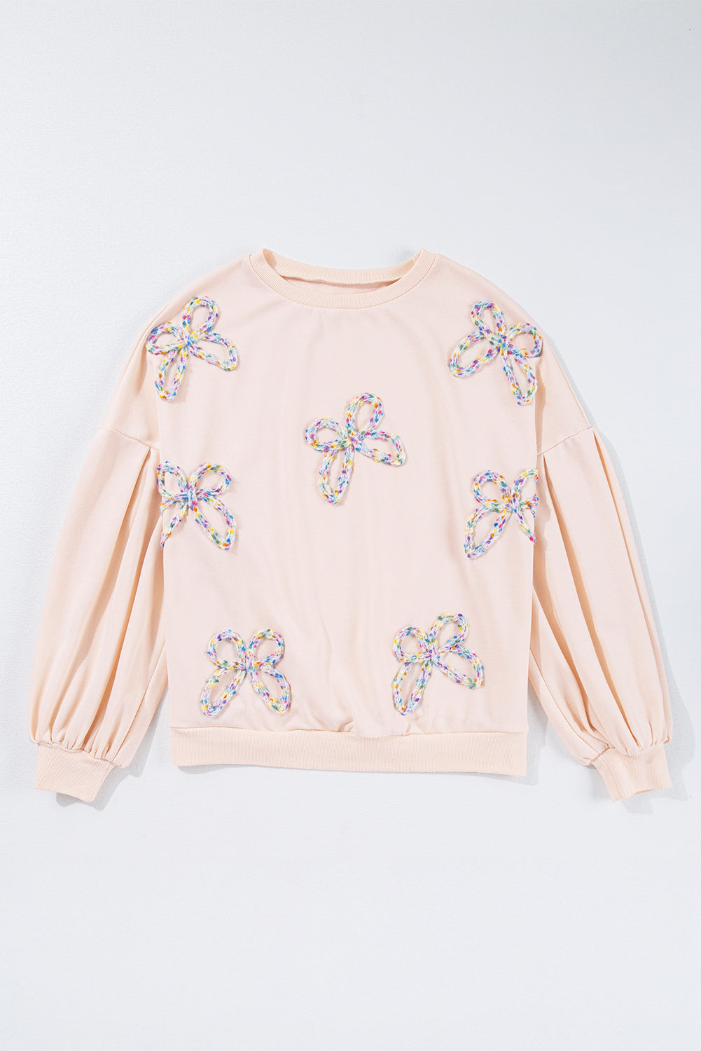 Embroidered Bow Lantern Sleeve Oversized Pullover Sweatshirt