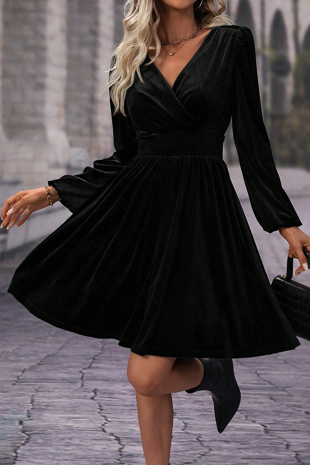 Velvet Long Sleeve Surplice High Waist Mini Dress