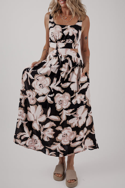 Floral Cutout Square Neck Knot Back Sleeveless Maxi Dress