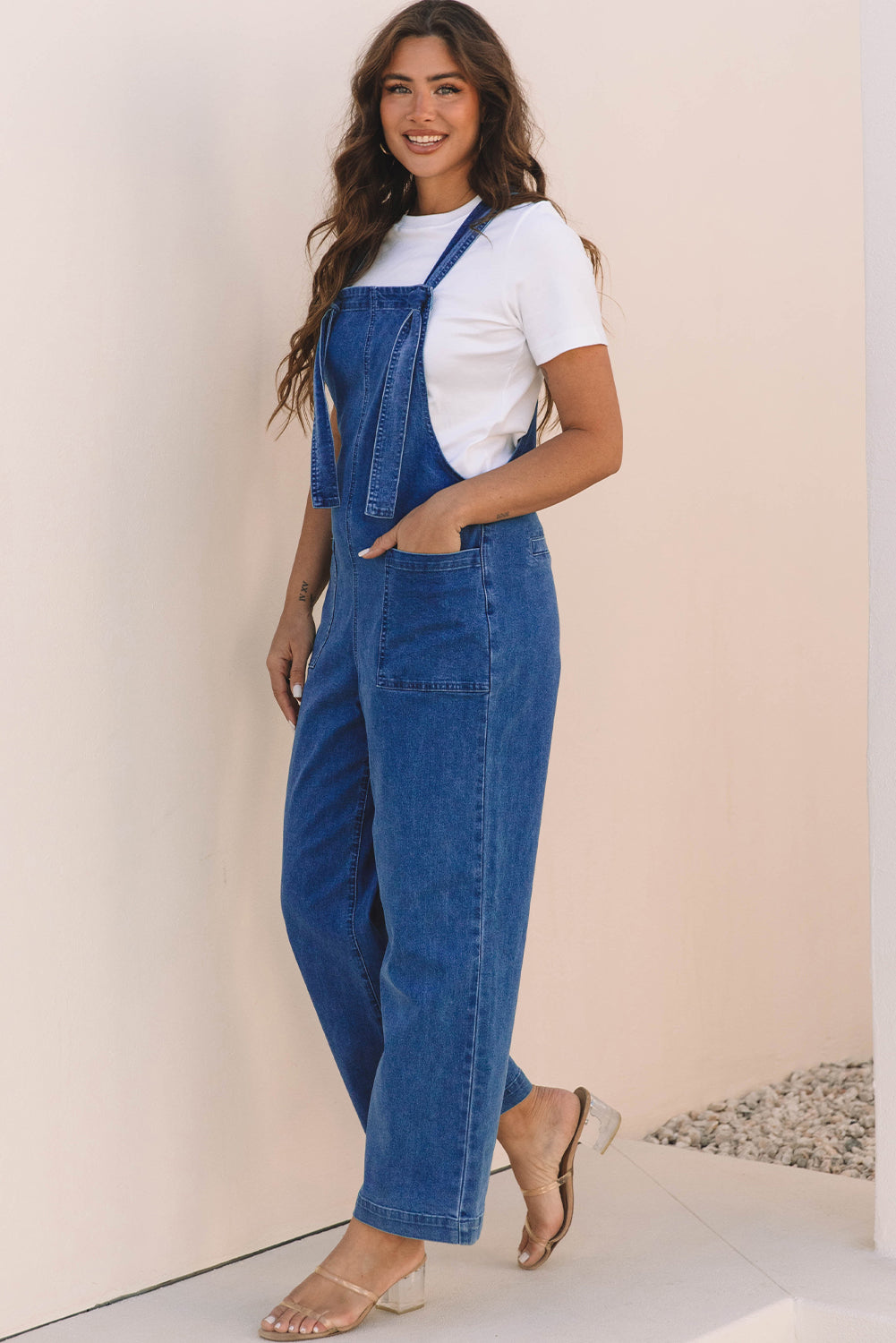 Mineral Wash Knotted Strap Patched Pocket Wide Leg Denim Overalls