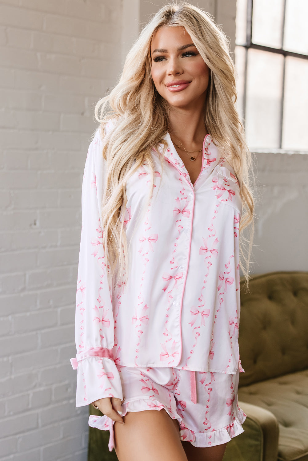 Satin Bow Bell Sleeve Shirt and Ruffled Shorts Pajama Set