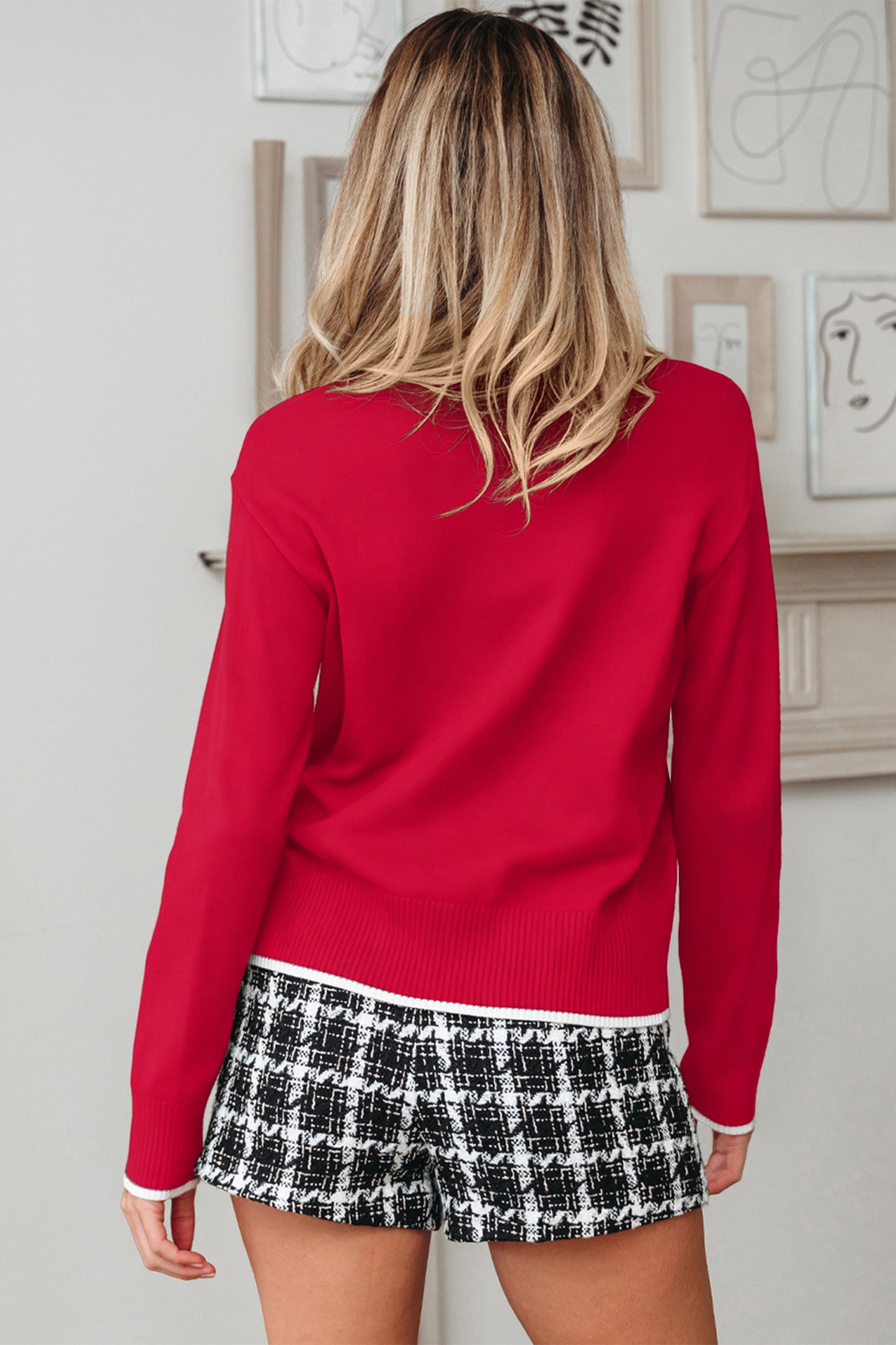 Contrast Trim Big Bow Accent Holiday Cropped Sweater