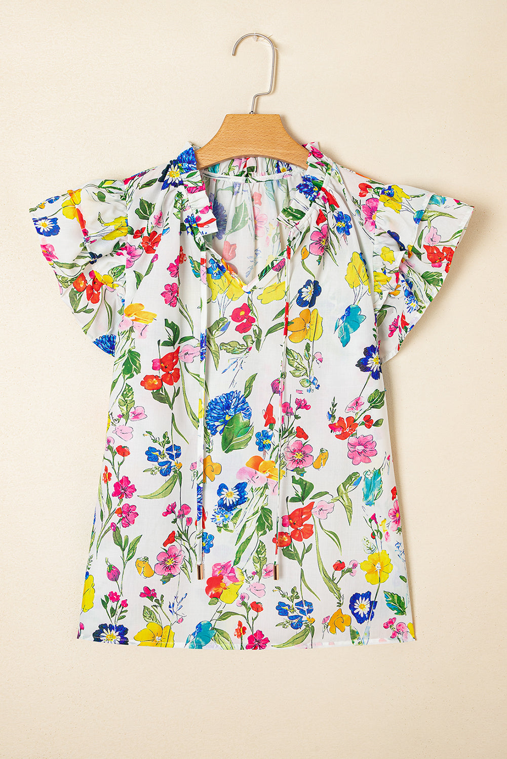 Floral Print Ruffle Tiered Sleeve Split V Neck Blouse