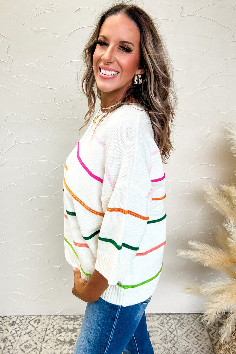 Colorblock Striped Half Sleeve Drop Shoulder Sweater