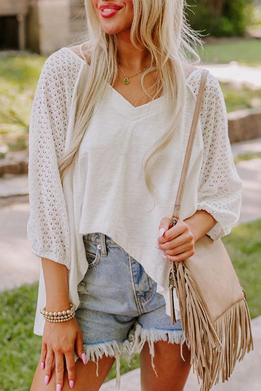 Eyelet Patchwork High Low Hem V Neck Oversized Top
