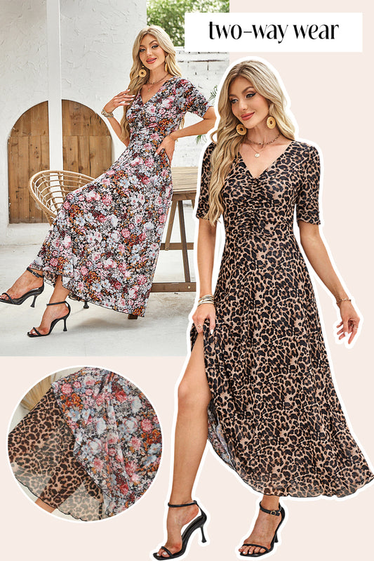 Mesh Leopard Floral Reversible V Neck Short Sleeve Dress