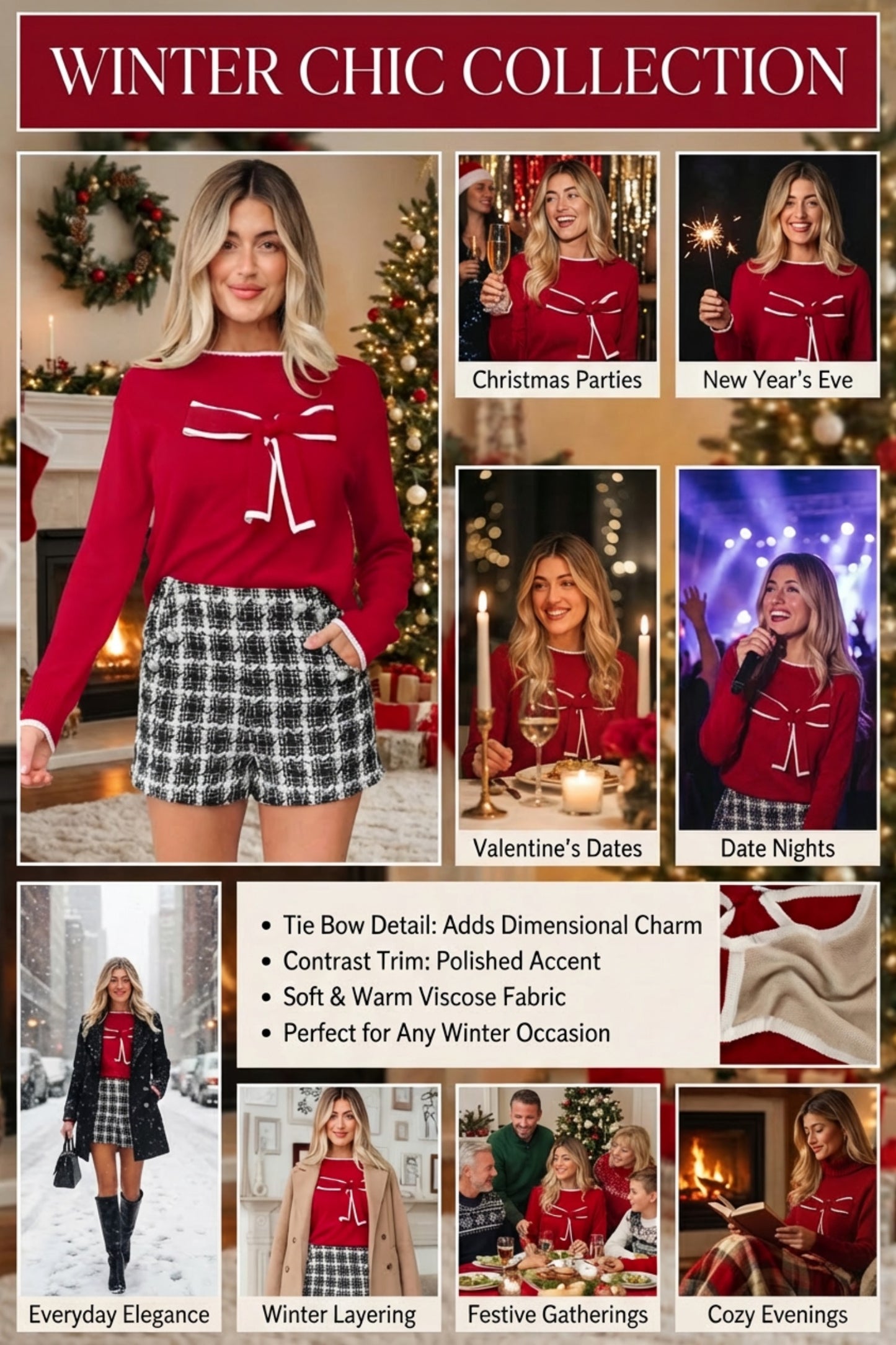 Contrast Trim Big Bow Accent Holiday Cropped Sweater