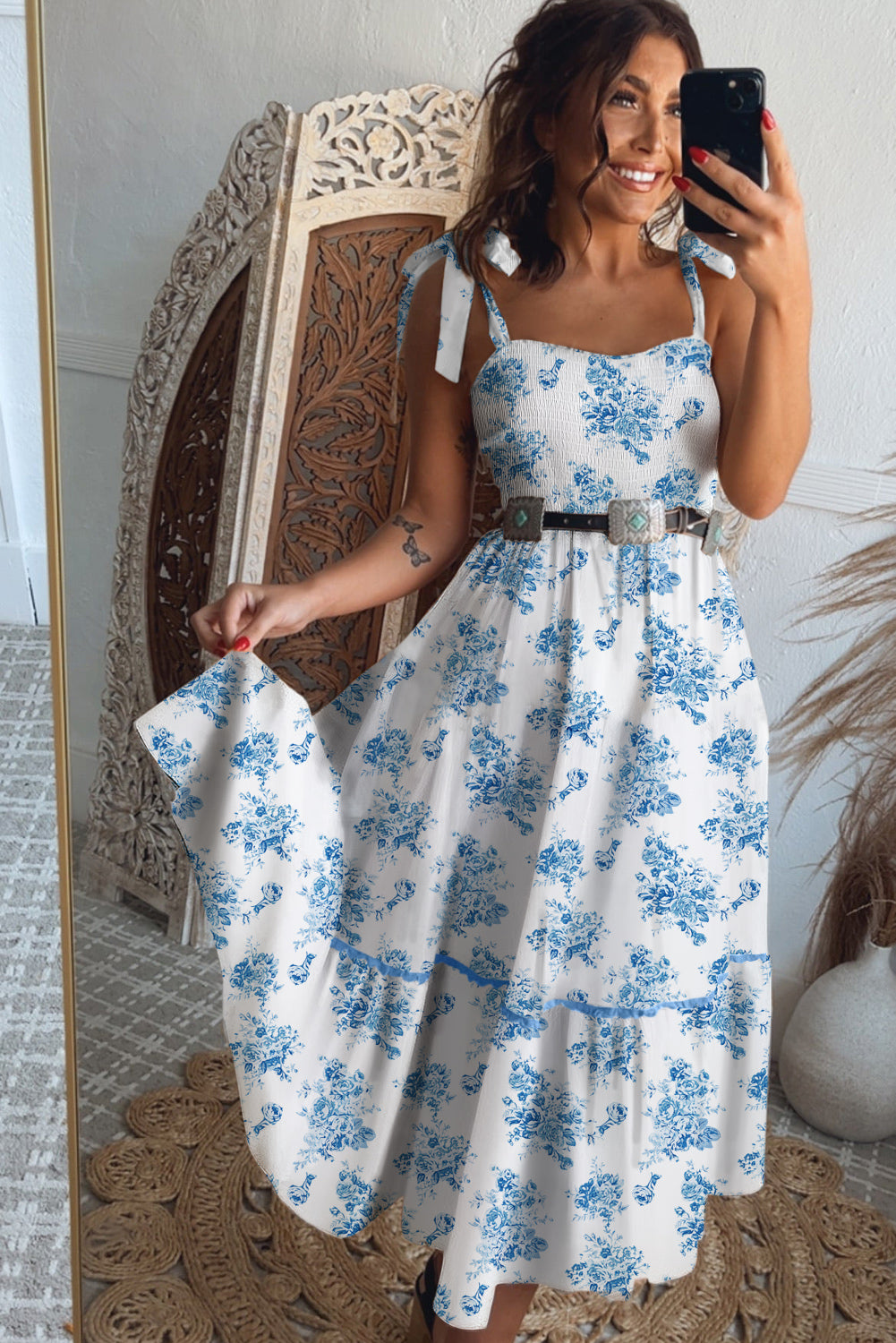 Floral Print Shirred Knot Shoulder Sleeveless Long Dress