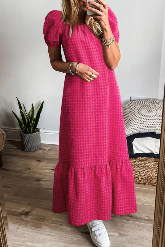 Ginham Check Bubble Sleeve Ruffled Maxi Dress