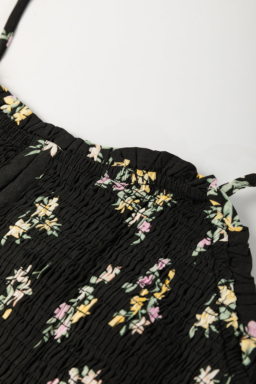 Floral Spaghetti Strap Shirred Bodice Tied Empire Waist Maxi Dress