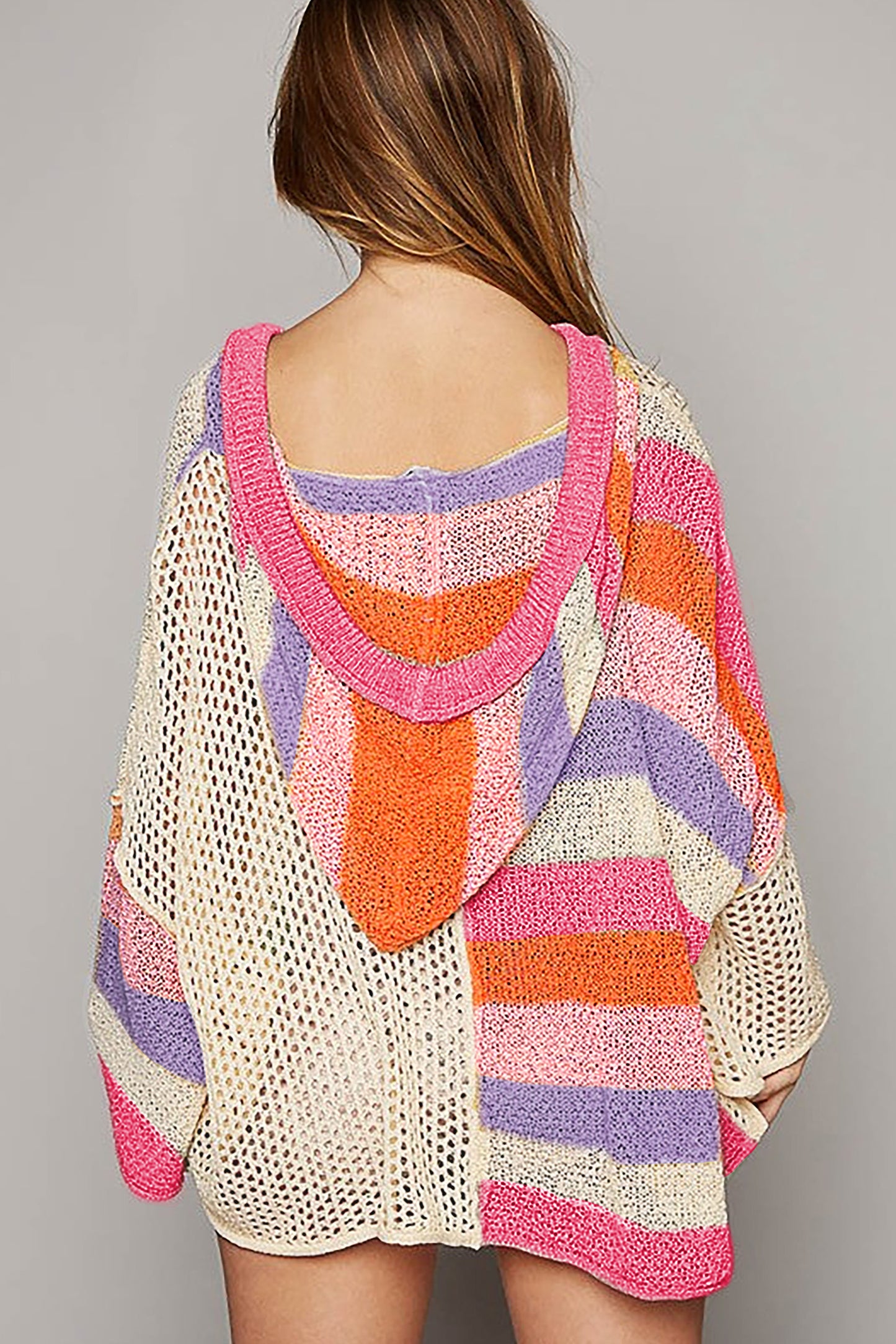 Oversized Colorblock V Neck Hooded Sweater