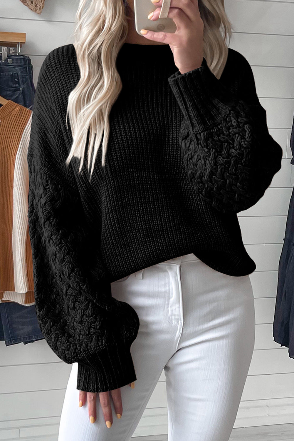 Cable Knit Sleeve Drop Shoulder Sweater