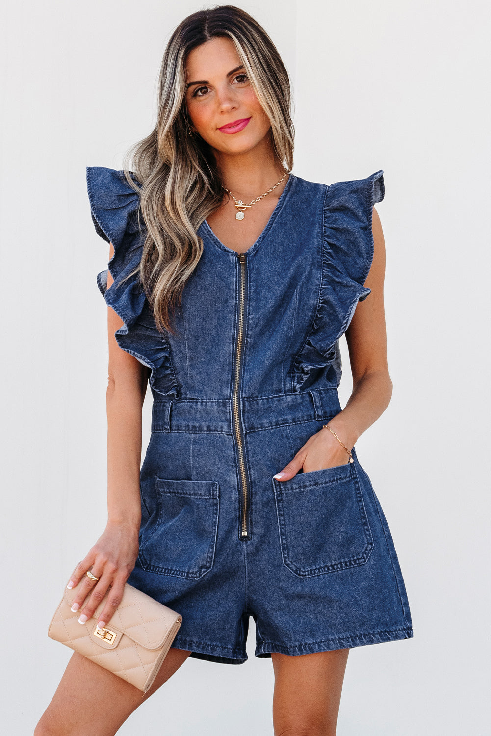 Denim Ruffled Zipped Front Belted Romper