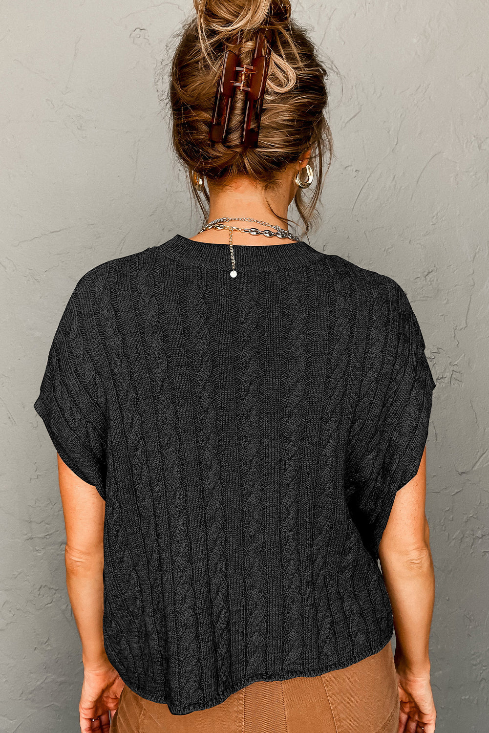 Crew Neck Cable Knit Short Sleeve Sweater