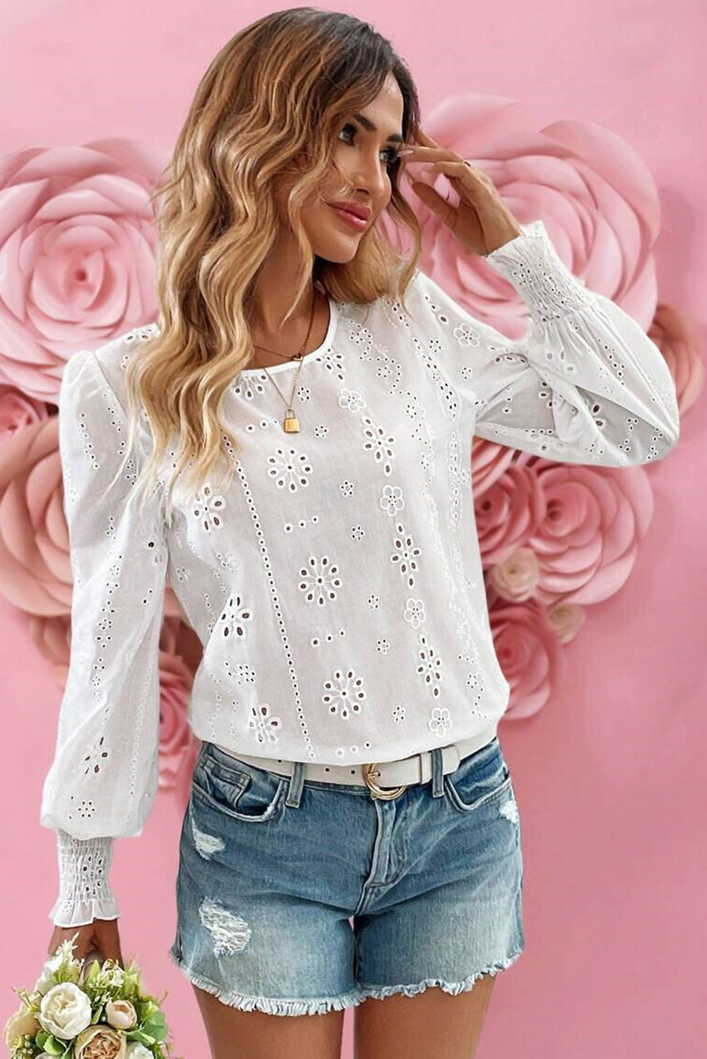 Eyelet Embroidered Smocked Cuff Sheer Blouse