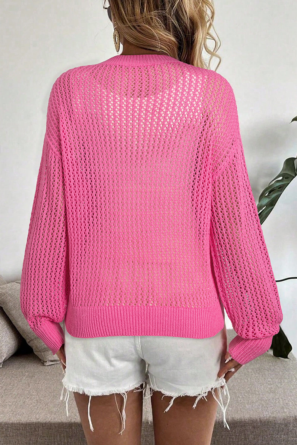 Sweet Bow Decor Hollow Out Knitted Drop Shoulder Sweater