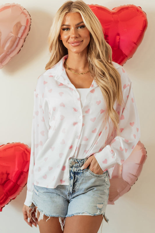 Love Heart Print Drop Shoulder Puff Sleeve Shirt