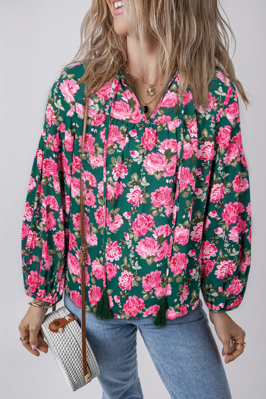 Floral Printed Tied Collar Puff Sleeve Blouse