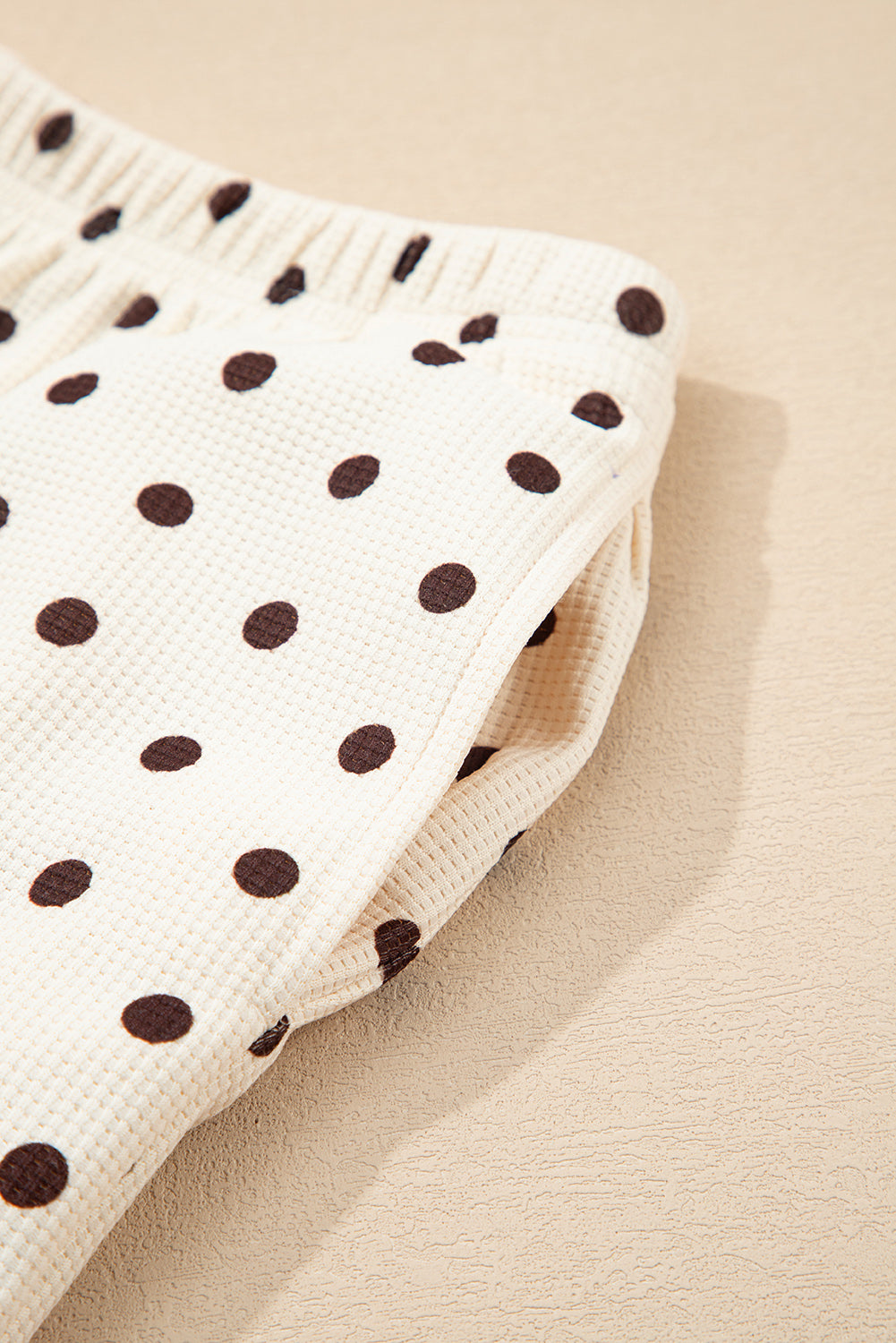 Polka Dot Print Notched Neck Long Sleeve Top Drawstring Jogger Pants Waffle Knit Lounge Set