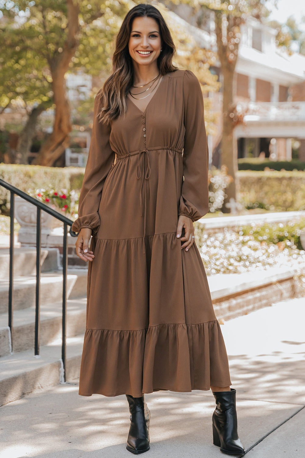 Solid Long Sleeve Button V Neck Tiered Maxi Dress