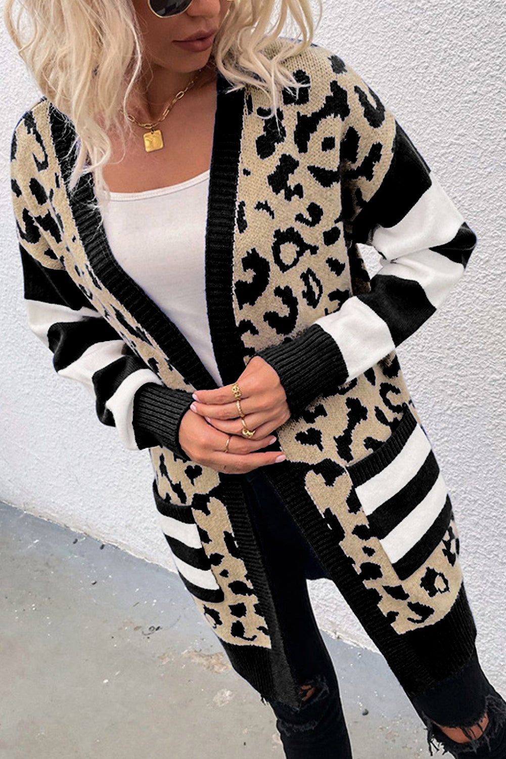 Stripe Sleeve Leopard Print Open Front Cardigan With Pockets