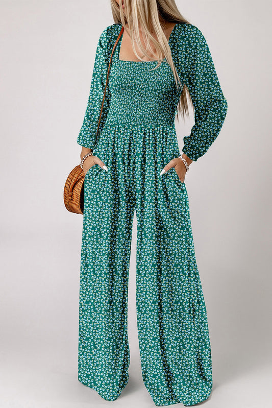 Floral Print Western Smocked Bodice Square Neck Wide Leg Jumpsuit